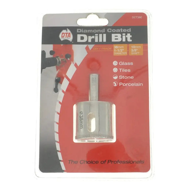 DTA Diamond Coated Drill Bit in its original retail blister packaging, featuring a 30mm hole saw bit designed for glass, tiles, stone, and porcelain.