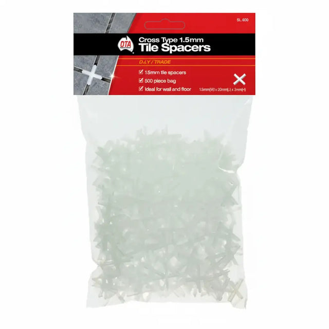 Pack of tile spacers with a clear plastic bag on a white background