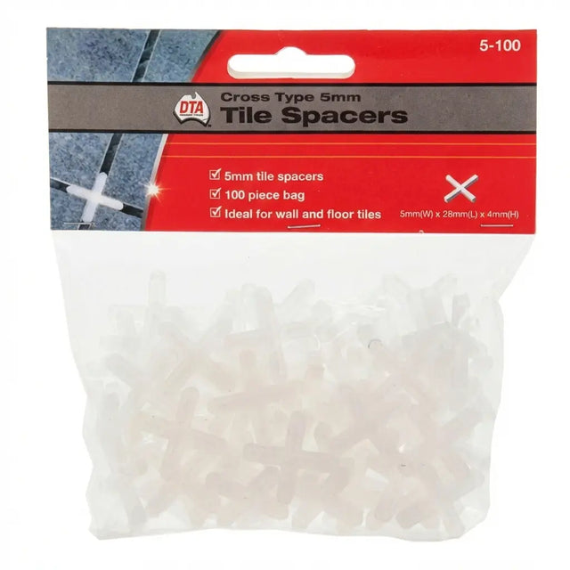 Pack of 5mm tile spacers with DTA branding on a white background