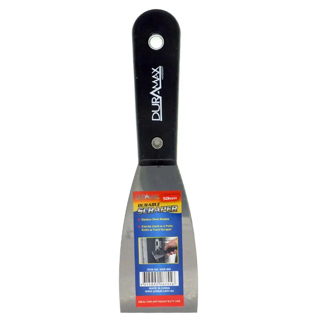 Scraper tool with black handle and visible branding on a white background