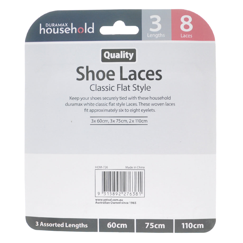 DURAMAX Flat Shoe Laces White 60cm, 75cm, 110cm HOM-726