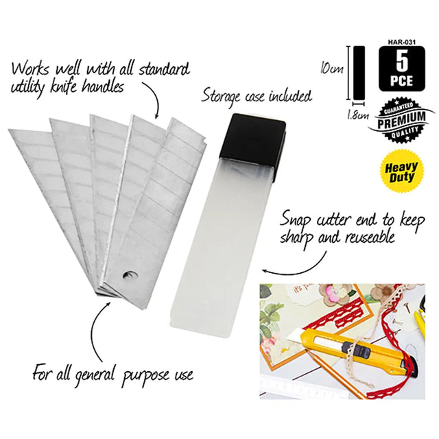 Set of utility knife blades with a storage case on a white background, featuring text about product features.