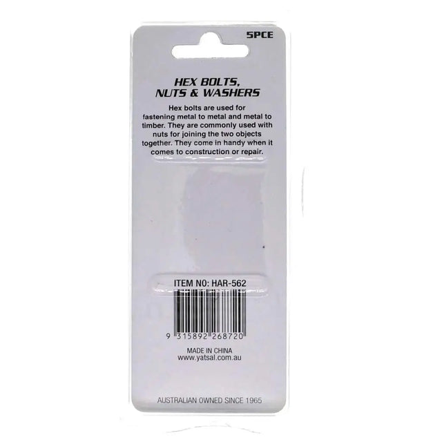 Back of a packaging card for hex bolts, nuts, and washers with text and a barcode.