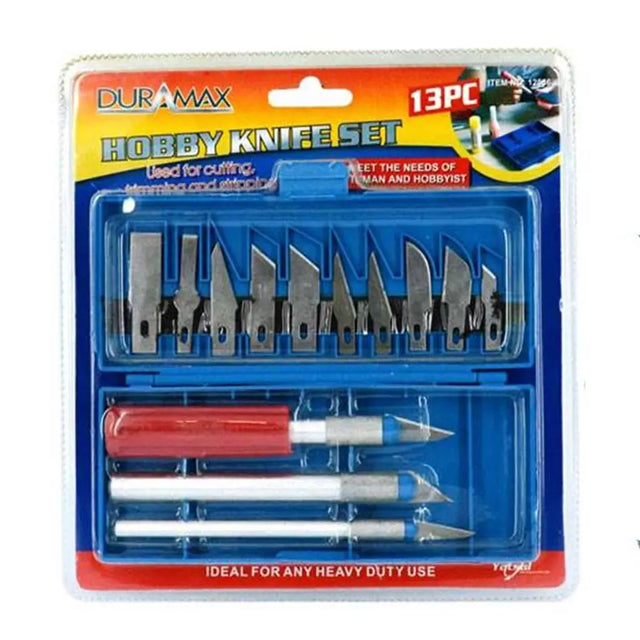 Packaged Duramax hobby knife set with multiple blades and tools on a white background