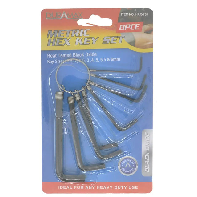 Metric hex key set packaging with tools inside on a white background
