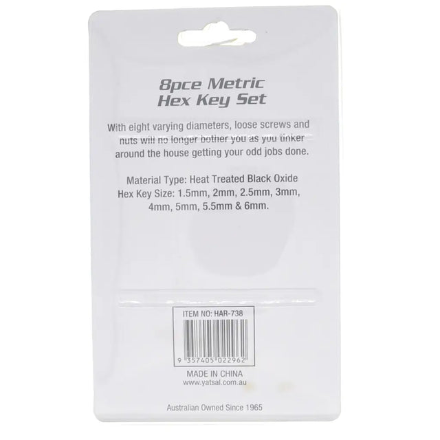8-piece metric hex key set packaging with product details on a white background