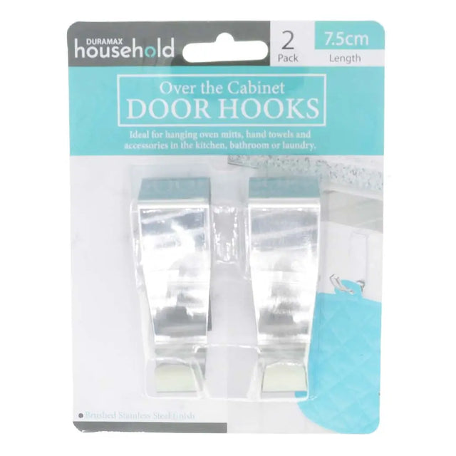 Pack of over-the-cabinet door hooks with Duramax Household branding on a white background