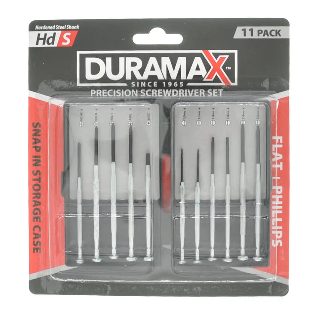 Duramax precision screwdriver set packaging with 11 tools inside.
