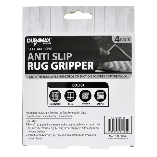 Packaging of Duramax anti-slip rug gripper with product details on a white background