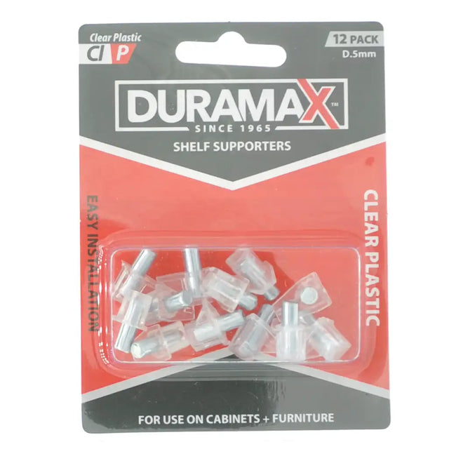 Pack of Duramax shelf supporters with clear plastic packaging on a white background