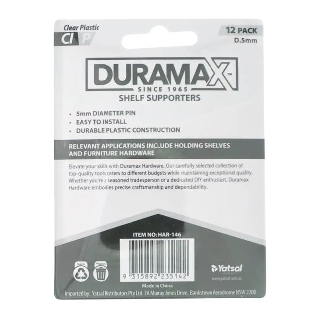 Duramax shelf supporter packaging with product details on a white background