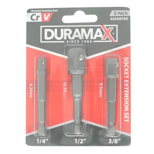 DURAMAX 3-pack of socket extension bits in 1/4", 1/2", and 3/8" sizes, packaged in a red, black, and silver blister card.