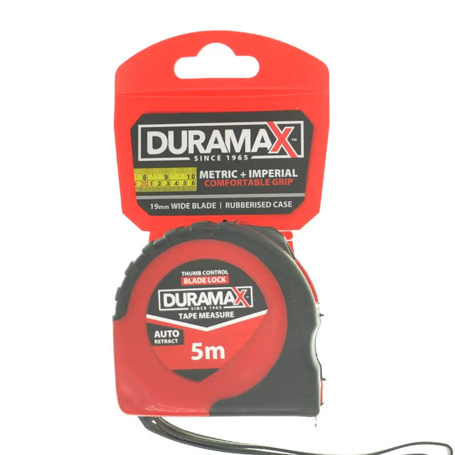 Duramax tape measure with red packaging on a white background