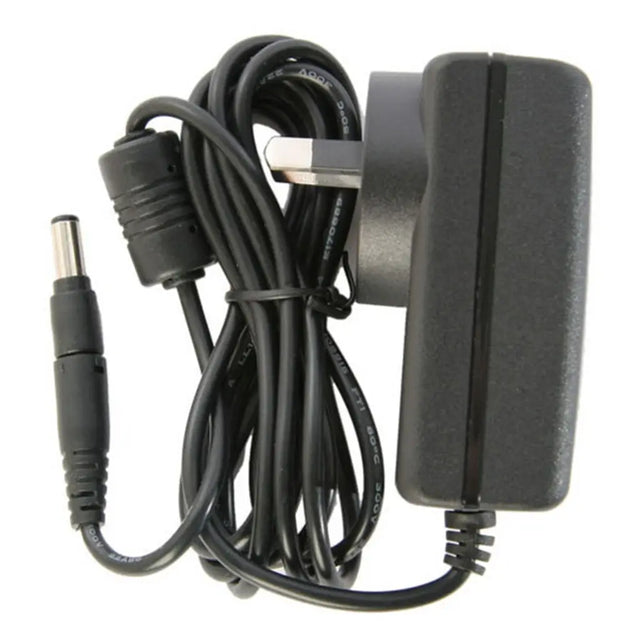 Black power adapter with cable on a white background