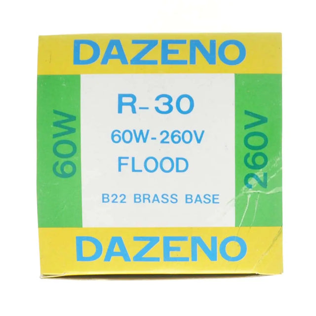 DAZENO light bulb packaging with specifications on a white background