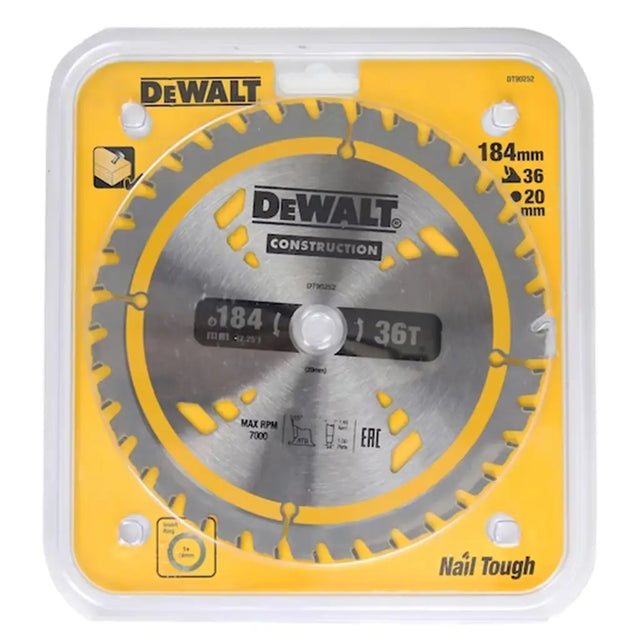 DeWalt circular saw blade on a yellow and white packaging