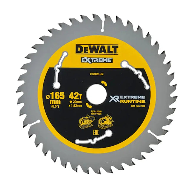 DeWalt Extreme 165 mm (6.5 in) 42T circular saw blade with a gray steel body, yellow outer ring, and black center label featuring the DeWalt logo and product specifications.