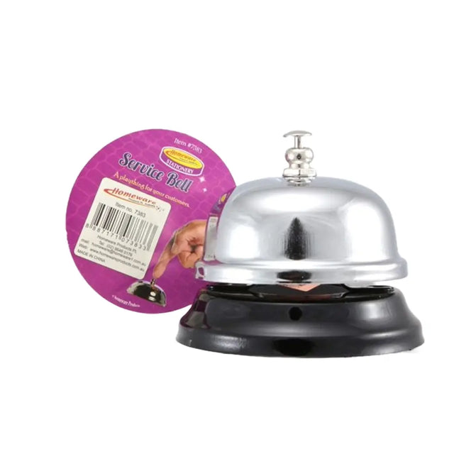 Metal service bell with black base and pink packaging on a white background