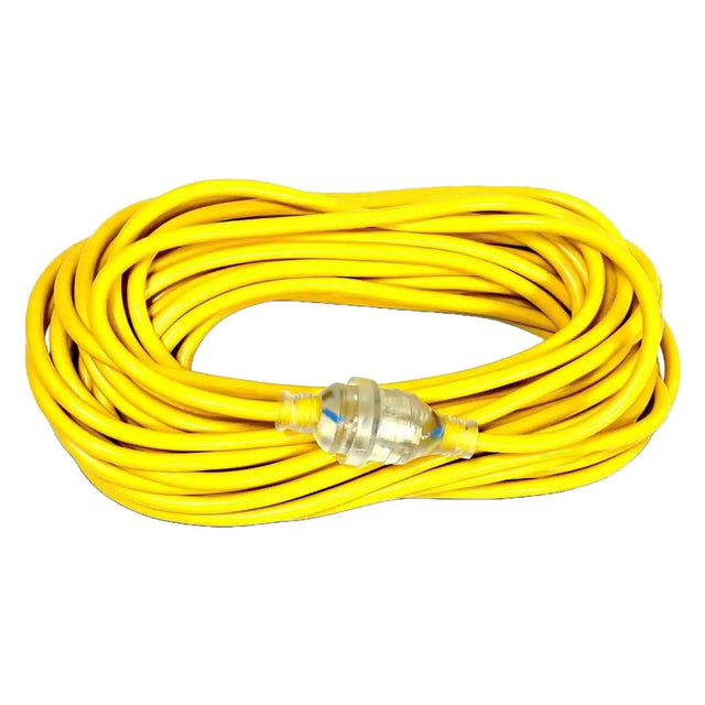 Coiled yellow extension cord on a white background