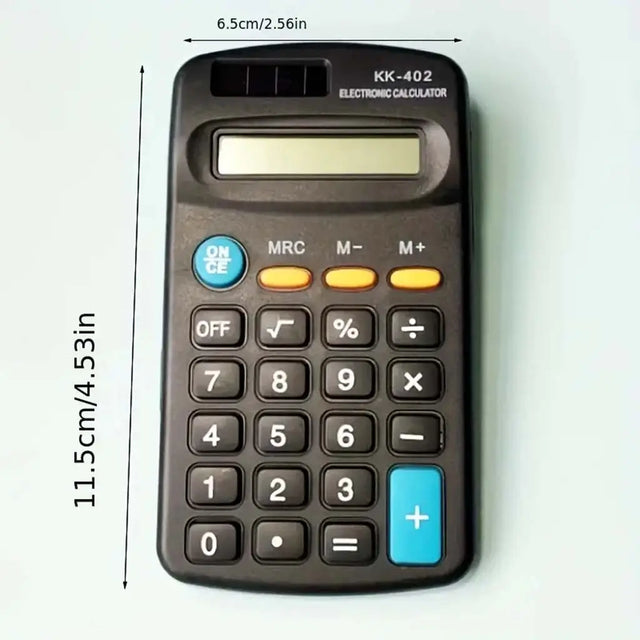 Black calculator with measurements on a white background
