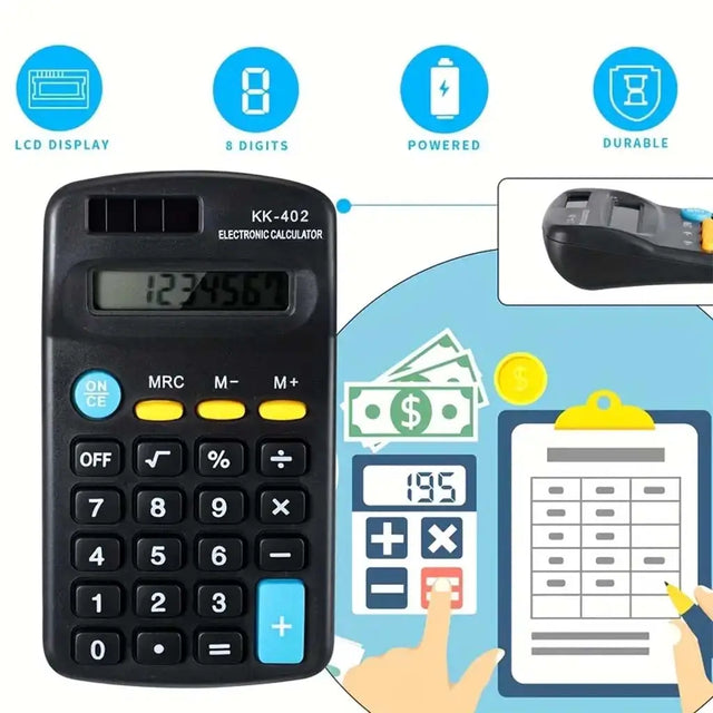 Black calculator with features highlighted on a blue background