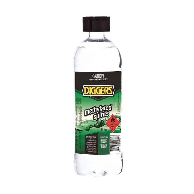 Bottle of Diggers Methylated Spirits on a white background