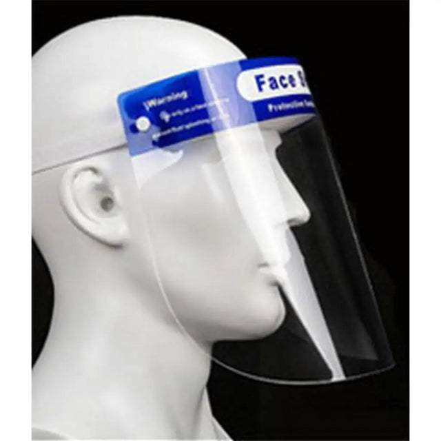 Clear plastic face shield with a white and blue header strap, displayed on a white mannequin head against a black background.