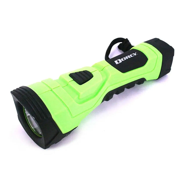 Fluorescent green flashlight with black accents on a white background