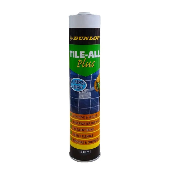 Dunlop Tile-All Plus adhesive canister on a white background
