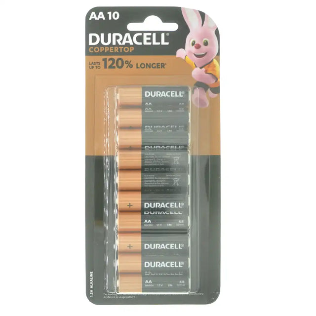 A 10-pack of Duracell Coppertop AA alkaline batteries in their original blister card packaging, featuring the brown copper-topped batteries and the classic Duracell branding.