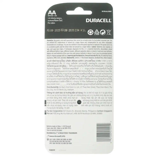 The back of a Duracell AA alkaline battery packaging card, featuring product specifications, safety information, and barcode in black text on a white background.