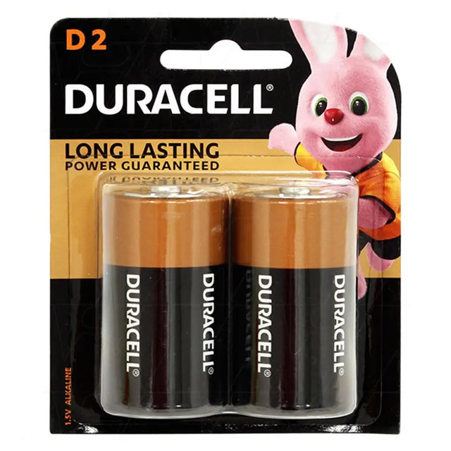 Two Duracell D batteries in packaging with a cartoon character on a white background