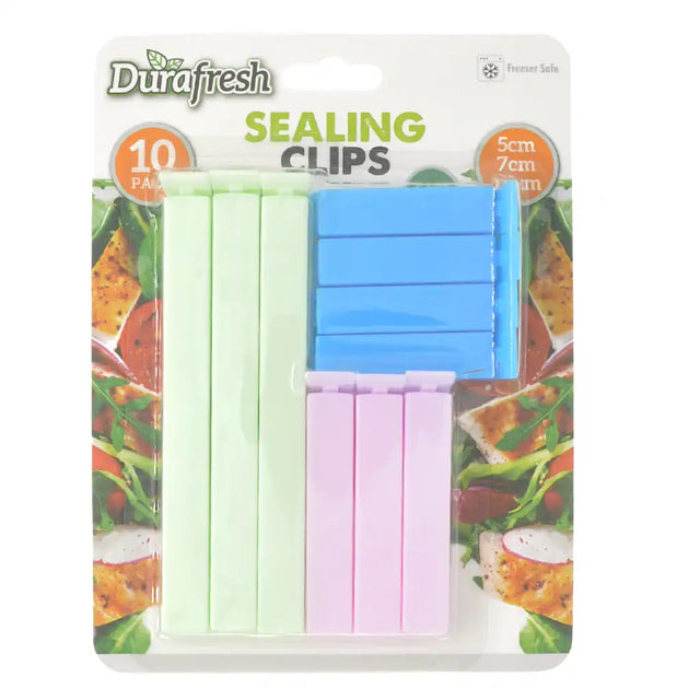 Pack of Durafresh sealing clips with colorful clips on a white background