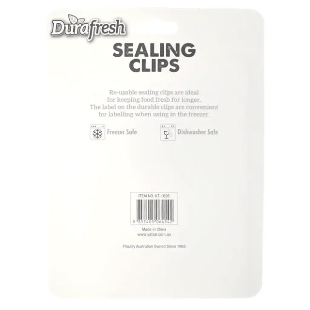 Back of a packaging for Durafresh sealing clips with text and branding.