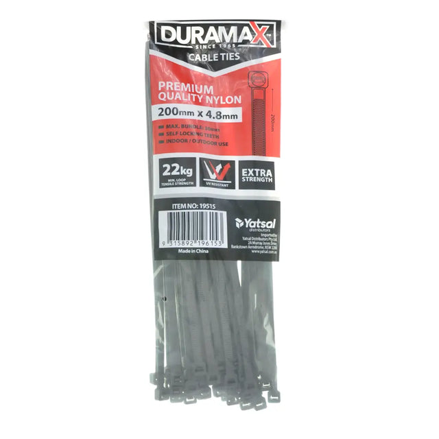Pack of Duramax cable ties with packaging on a white background