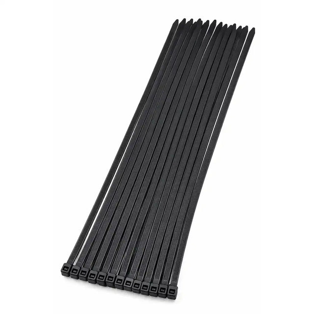 Duramax black nylon cable ties 400 x 7.6mm arranged side by side with self-locking heads