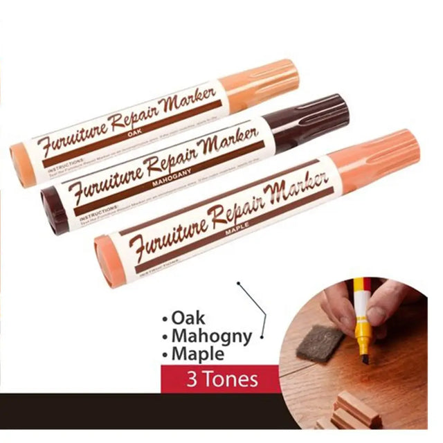 Furniture repair markers in Oak, Mahogany, and Maple colors with a sample application on wood.