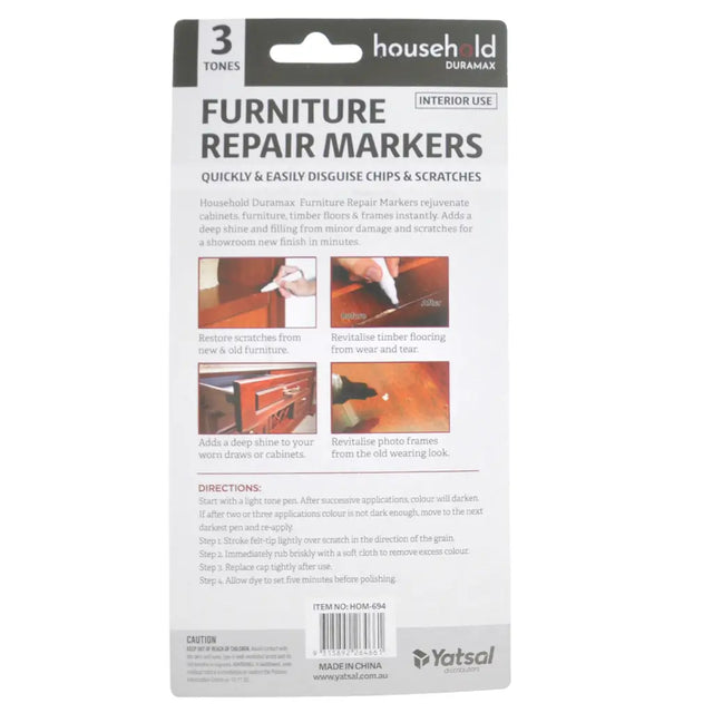 Packaging of Yatsol furniture repair markers with images and text on a white background