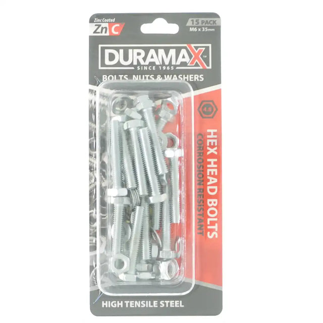 Pack of Duramax hex head bolts in clear plastic packaging on a white background