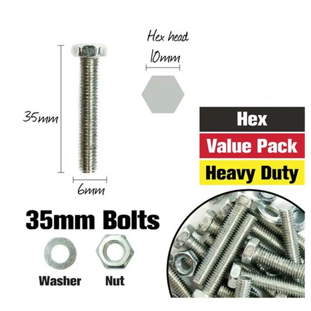 Heavy-duty hex bolts with washer and nut, labeled 'Hex Value Pack' on a white background.