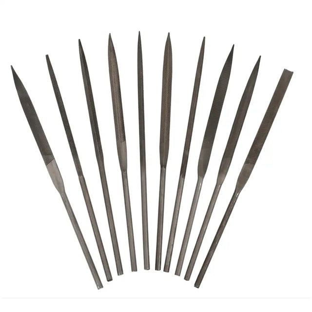 Set of metal files arranged in a fan-like pattern on a white background
