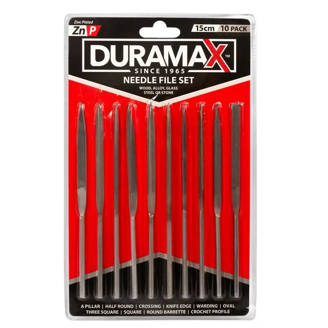 Duramax needle file set packaging with files on a red background