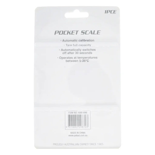 Packaging of a pocket scale with product details on a white background