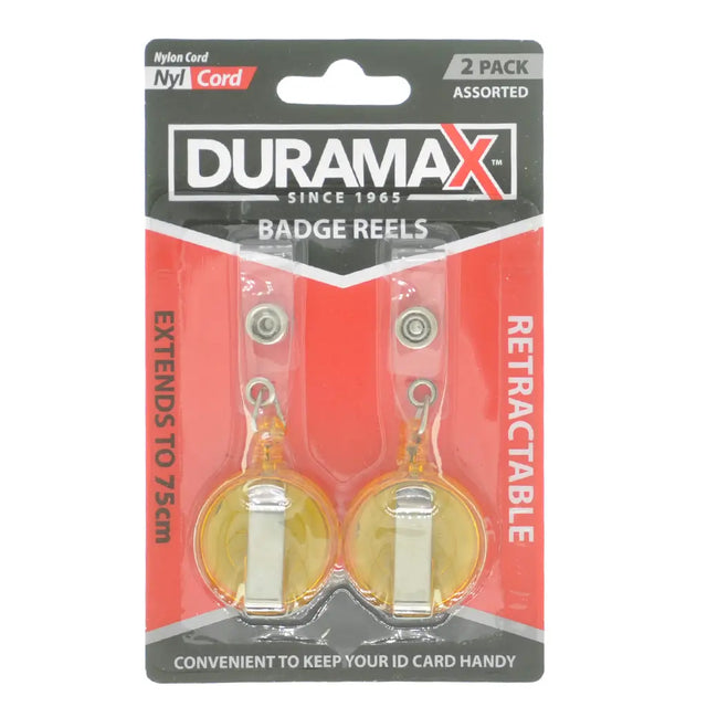 Duramax badge reels packaging with two retractable reels on a white background