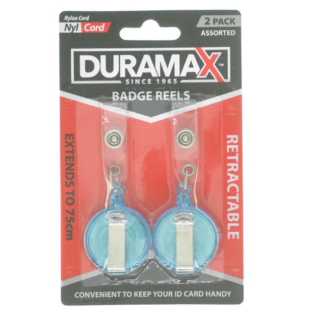 Duramax badge reels packaging with two retractable reel cards on a white background