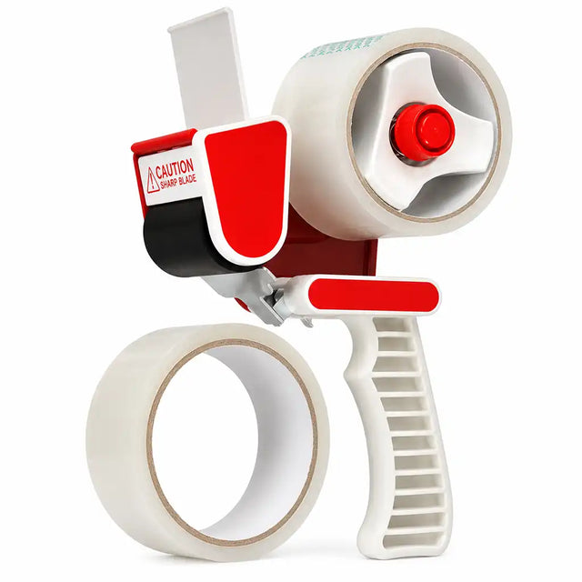 Red and white Duramax tape gun dispenser with clear packing tape roll and spare roll