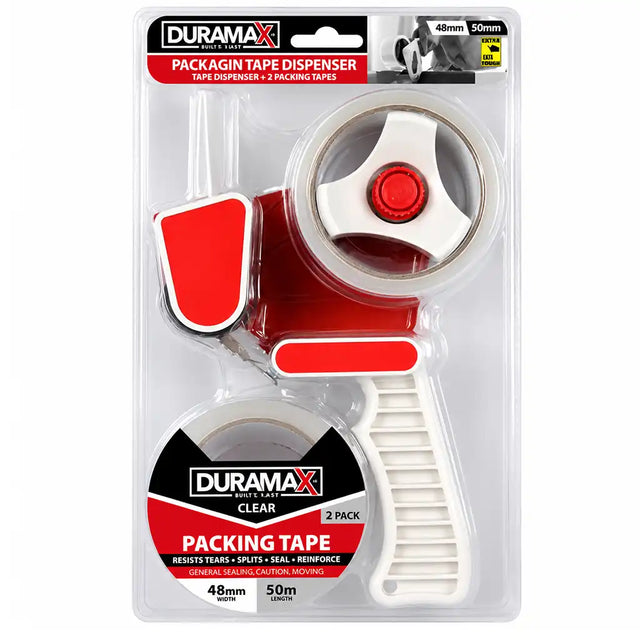 Duramax tape dispenser and 2-pack clear packing tape in retail packaging – 48mm width, 50m length