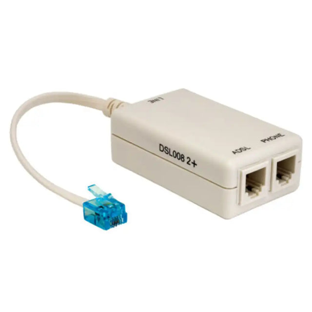 DSL modem with Ethernet cable and blue connector on a white background