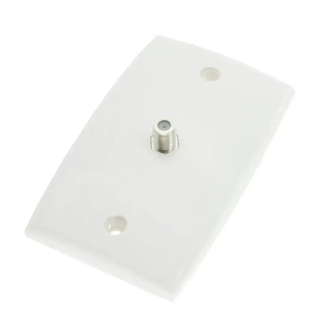 White wall plate with a single coaxial cable connector on a white background