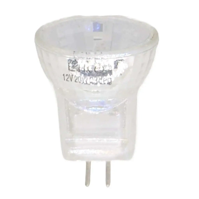 Clear light bulb with visible brand and specifications on a white background